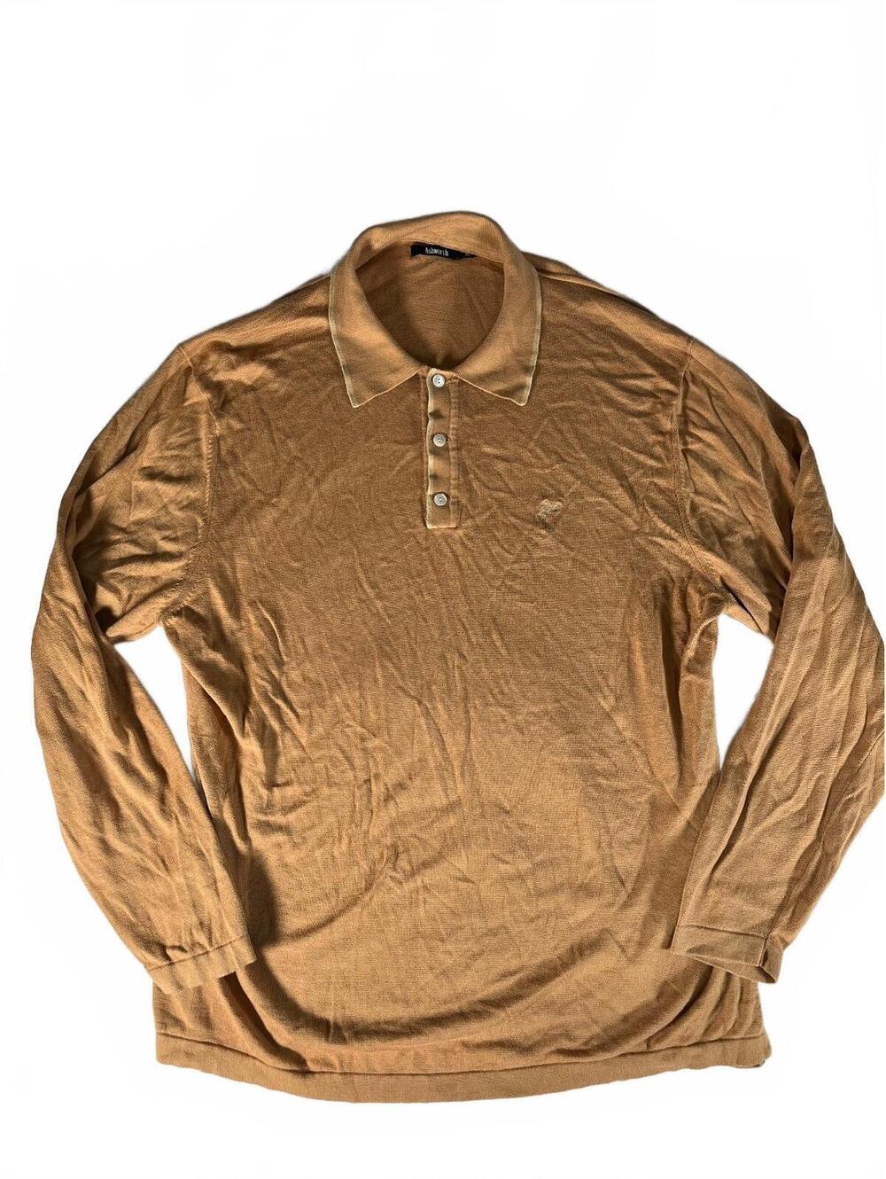 Ashworth long-sleeve knit polo sweater in a tan/camel color